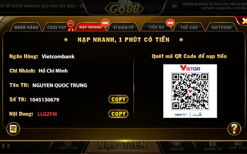 Thực hiện thao tác nạp tiền